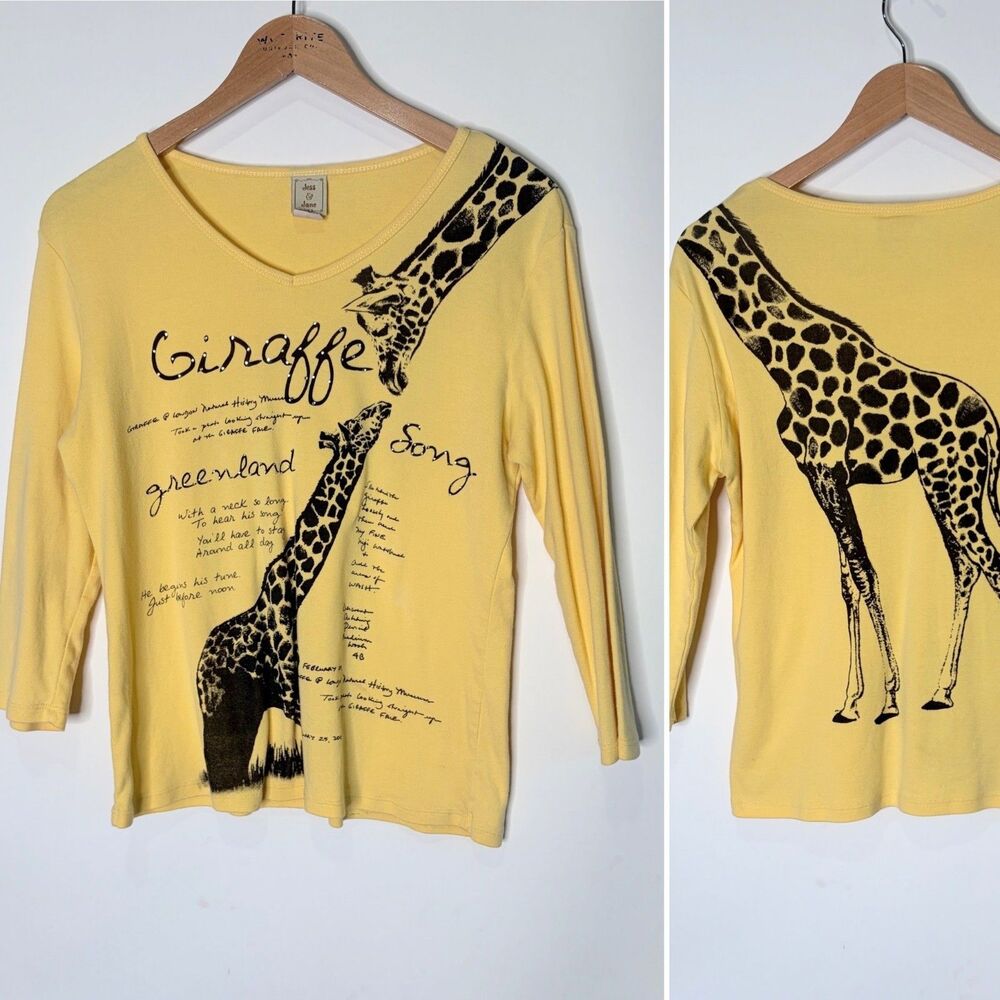 Vintage Jess & Jane Y2K Giraffe Zoo Graphic Shirt Rhinestone Yellow Women M